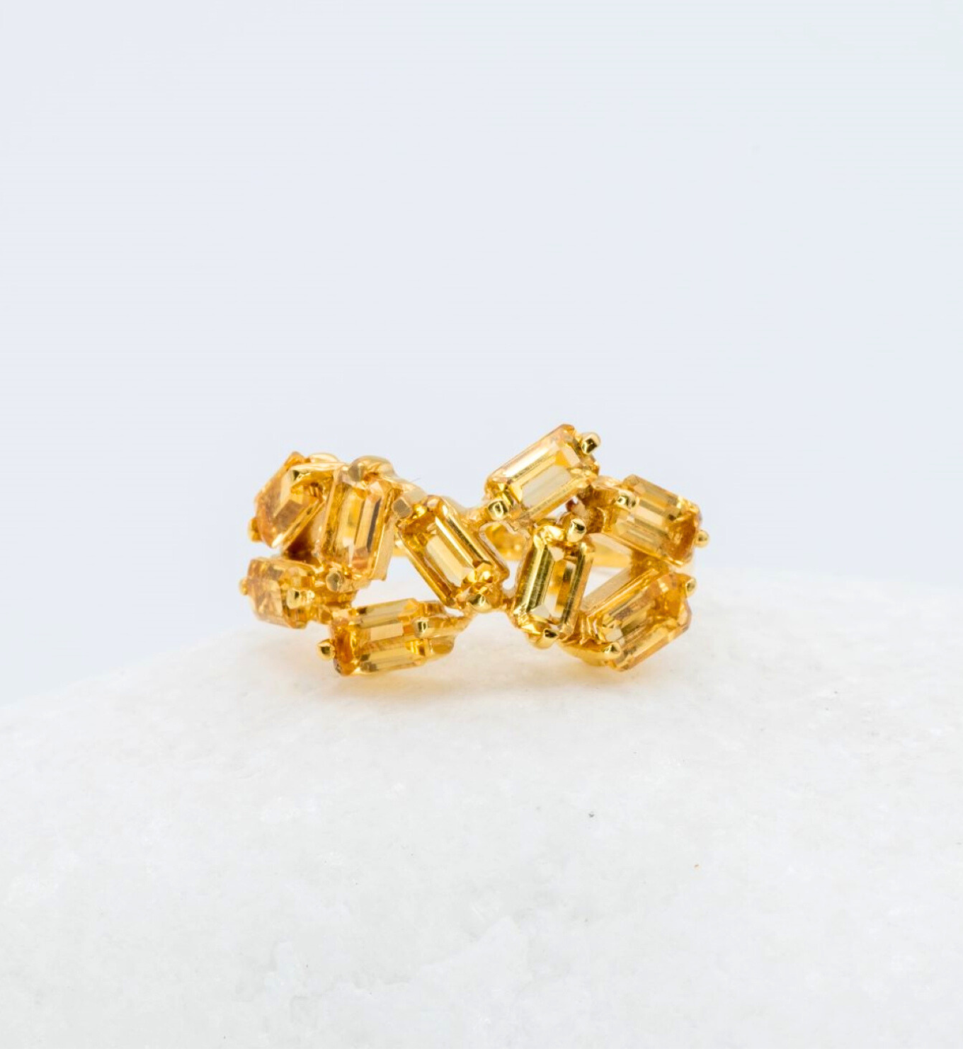 Yellow gold plated ring with natural Citrine November birthstone in baguette cut and prong setting. Handcrafted citrine gemstone ring ideal for special occasions and even for everyday wear. Citrine baguette ring for joy, abundance, confidence.