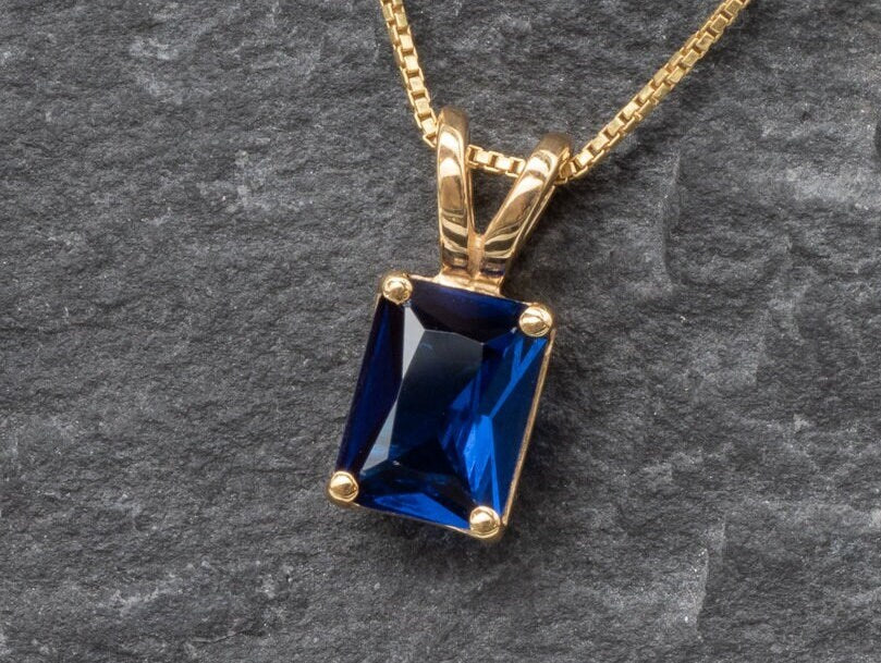 Sapphire Pendant, Dainty Necklace, Created Sapphire Pendant, Baguette Necklace, Sterling Silver Necklace, Emerald Cut Pendant, Emerald Cut(1)