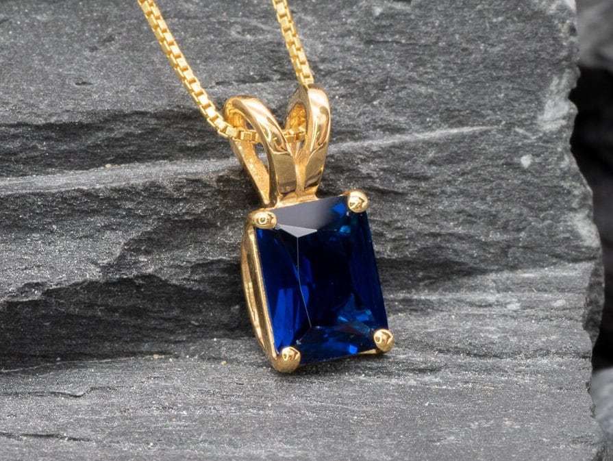 Sapphire Pendant, Dainty Necklace, Created Sapphire Pendant, Baguette Necklace, Sterling Silver Necklace, Emerald Cut Pendant, Emerald Cut(1)