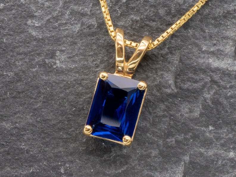 Sapphire Pendant, Dainty Necklace, Created Sapphire Pendant, Baguette Necklace, Sterling Silver Necklace, Emerald Cut Pendant, Emerald Cut(1)
