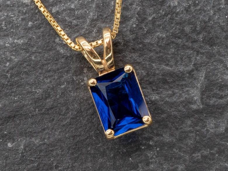 Sapphire Pendant, Dainty Necklace, Created Sapphire Pendant, Baguette Necklace, Sterling Silver Necklace, Emerald Cut Pendant, Emerald Cut(1)