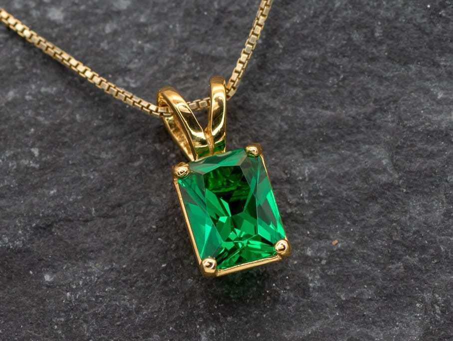 Emerald Cut Pendant, Created Emerald, Dainty Emerald Pendant, Baguette Cut Pendant, Minimalist Pendant, Created Emerald Pendant, 925 Silver(1)
