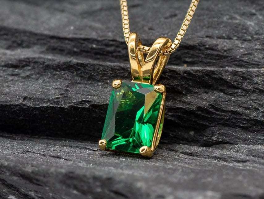 Emerald Cut Pendant, Created Emerald, Dainty Emerald Pendant, Baguette Cut Pendant, Minimalist Pendant, Created Emerald Pendant, 925 Silver(1)