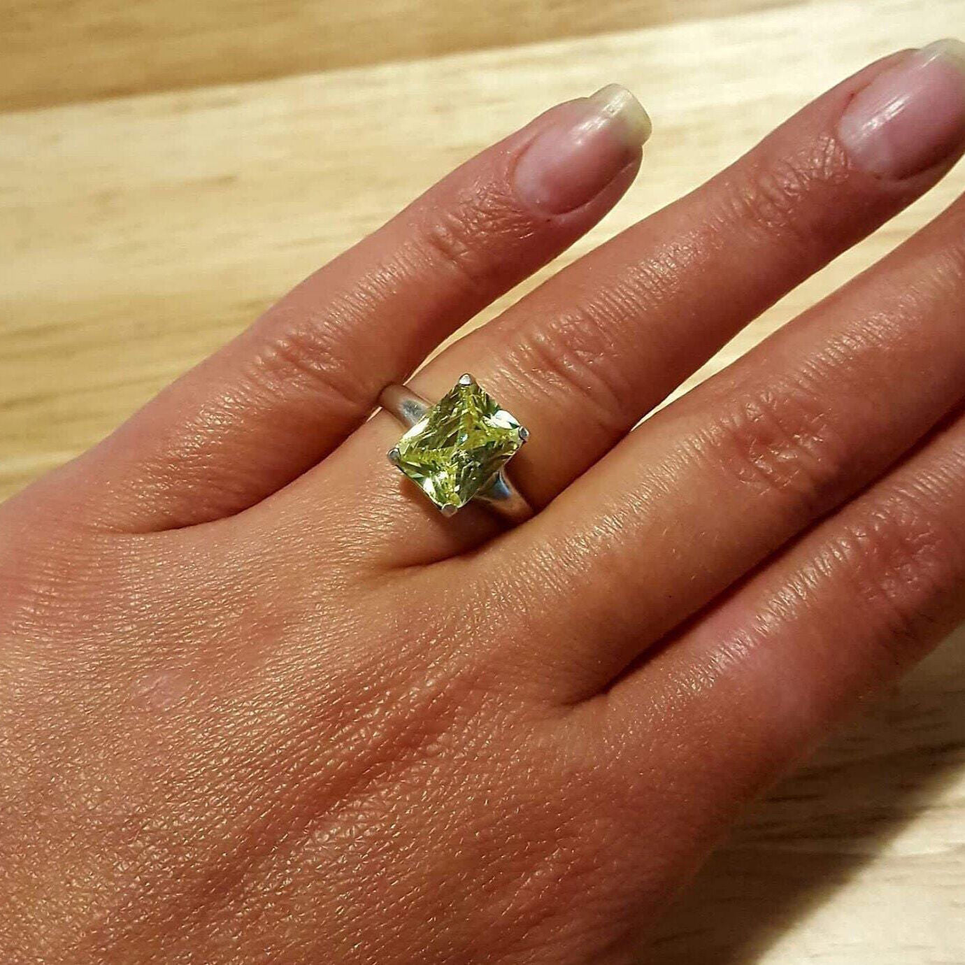 Green Diamond Ring, Lime Green Ring, Solitaire Ring, Green Rectangle Ring, Promise Ring, Statement Ring, Vintage Ring, Solid Silver Ring