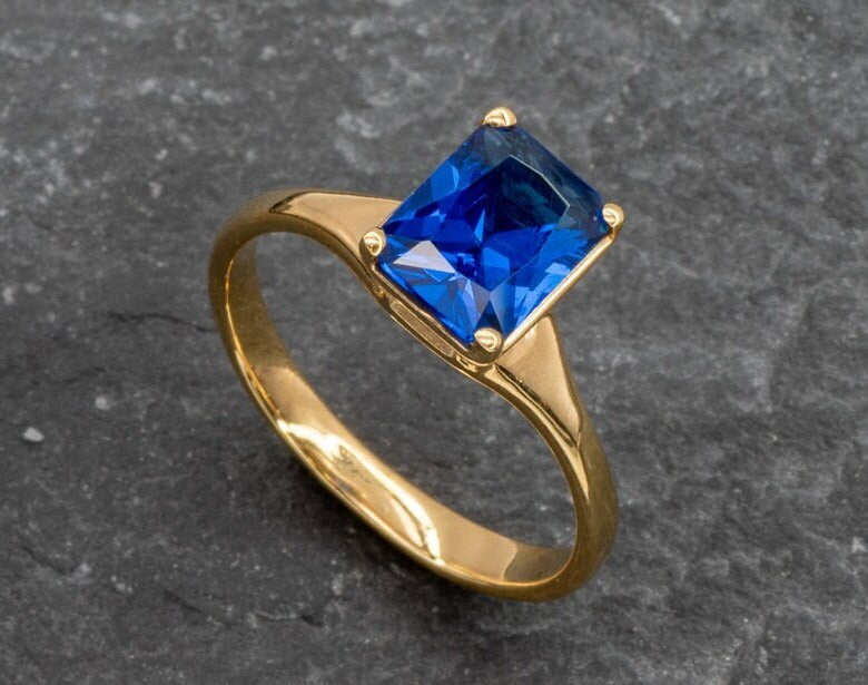 Created Sapphire Ring, Sapphire Engagement Ring, Minimalist Ring, 925 Sterling Silver, Sapphire Wedding Ring, Solitaire Ring, Rectangle Ring(1)