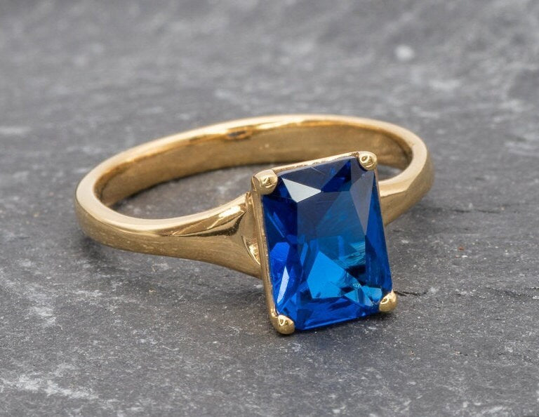 Created Sapphire Ring, Sapphire Engagement Ring, Minimalist Ring, 925 Sterling Silver, Sapphire Wedding Ring, Solitaire Ring, Rectangle Ring(1)