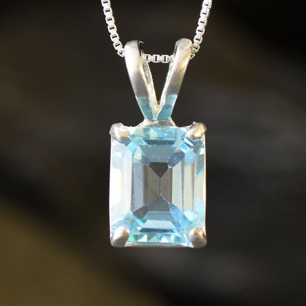 Blue Topaz Pendant, Natural Blue Topaz, December Birthstone, Minimal Pendant, Blue Square Pendant, Blue Diamond Pendant, 925 Sterling Silver