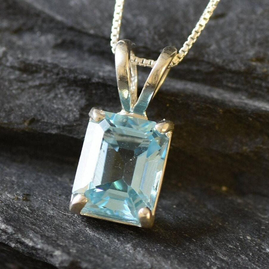 Blue Topaz Pendant, Natural Blue Topaz, December Birthstone, Minimal Pendant, Blue Square Pendant, Blue Diamond Pendant, 925 Sterling Silver