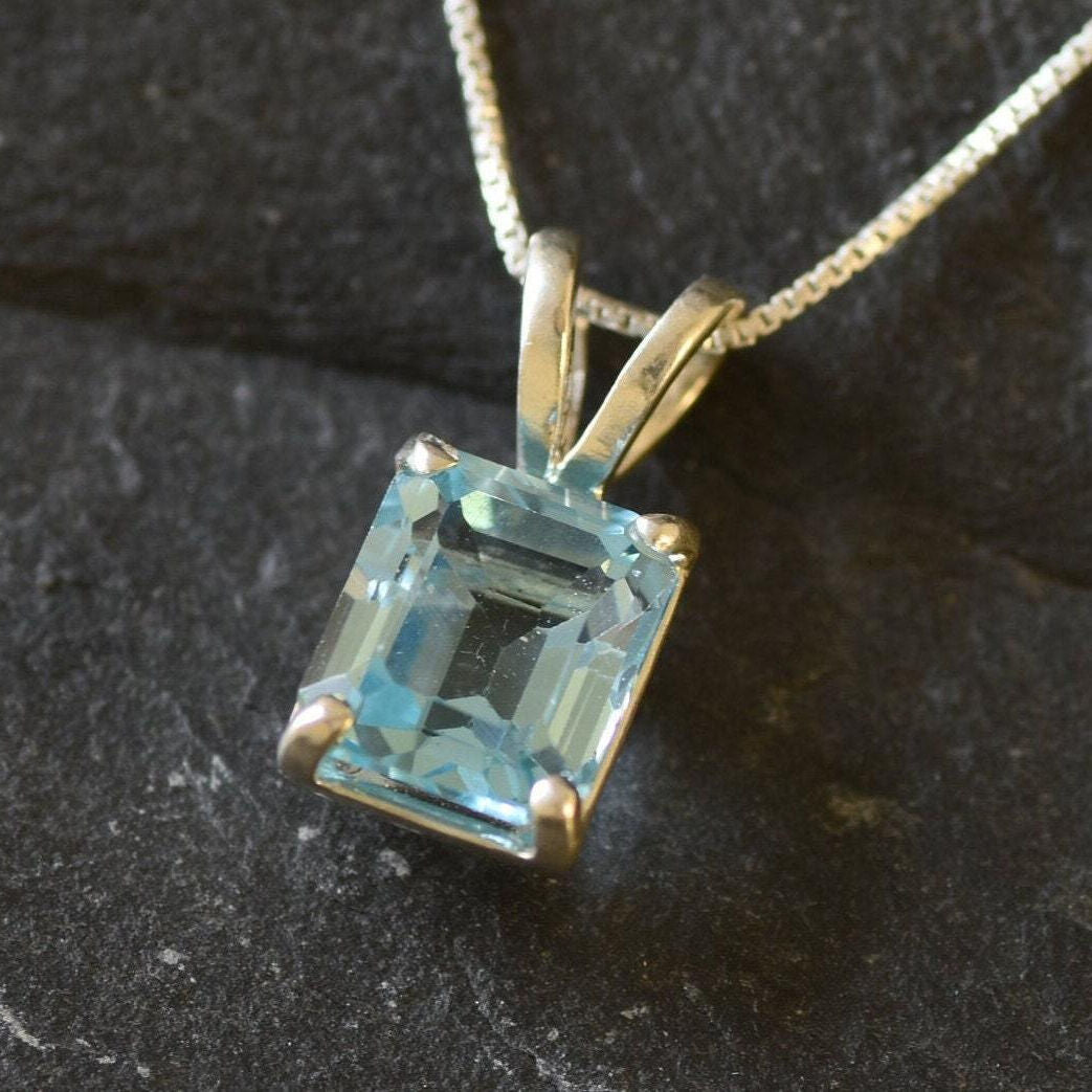 Blue Topaz Pendant, Natural Blue Topaz, December Birthstone, Minimal Pendant, Blue Square Pendant, Blue Diamond Pendant, 925 Sterling Silver