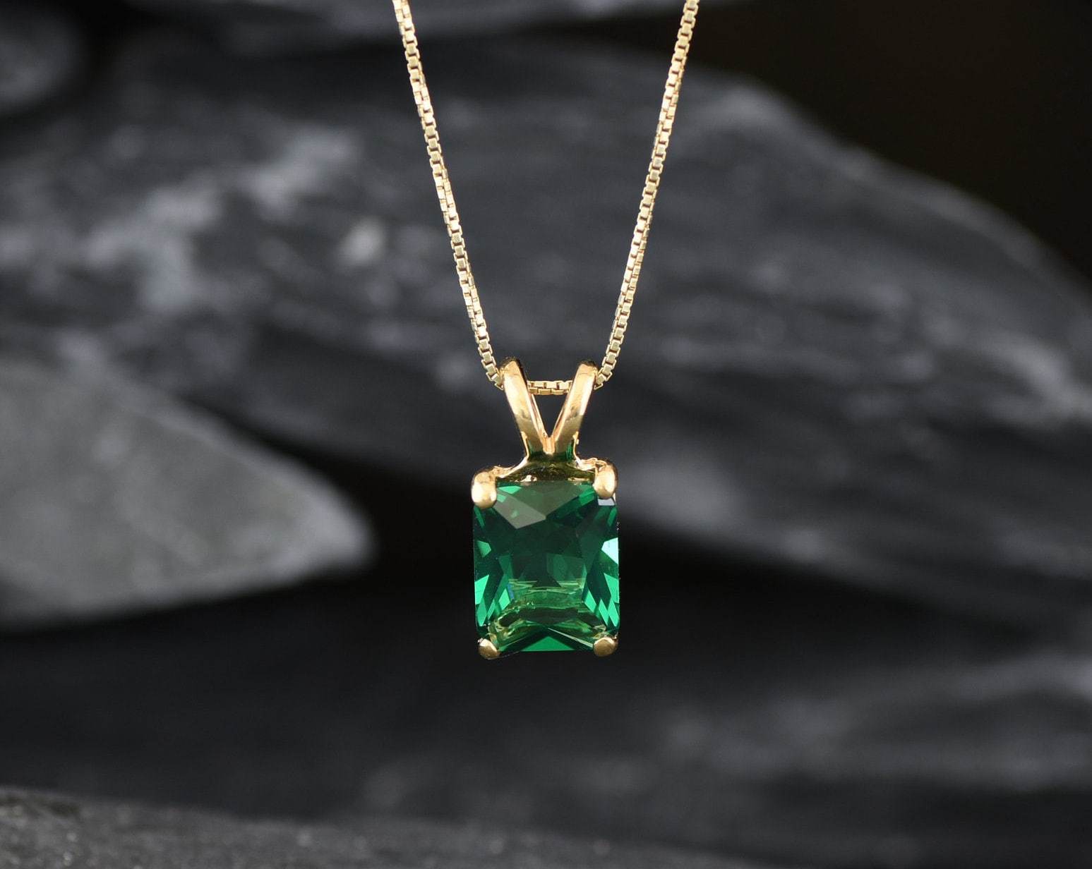 Emerald pendant, Created Emerald, Green Gem Necklace, Layering Necklace, Minimalist Pendant, Dainty Pendant, Square Pendant, Sterling Silver(1)