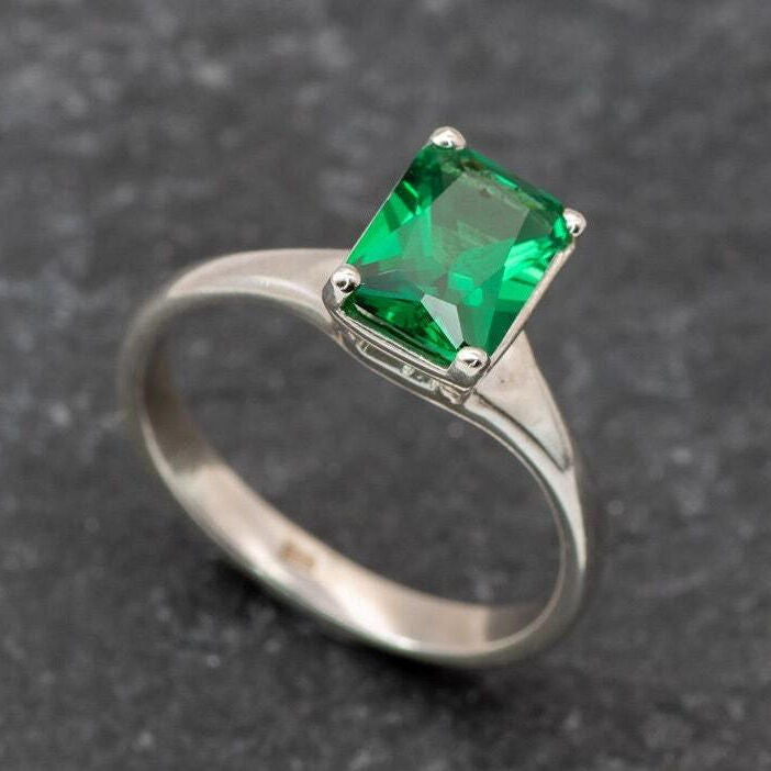 Created Emerald Ring, Emerald Cut Ring, Created emerald, Solitaire Emerald Ring, Engagement Ring, Minimalist Ring, Emerald,Solid Silver Ring