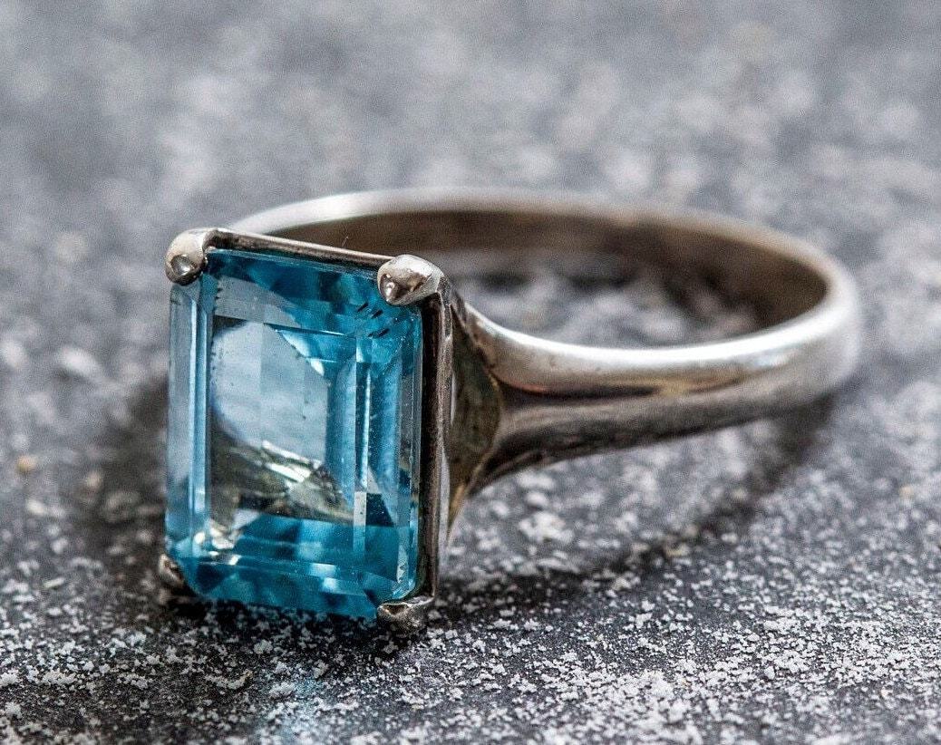 Square Ring, Blue Topaz Ring, Natural Blue Topaz, Vintage Rings, December Birthstone, Blue Ring, December Ring, Solid Silver Ring, Topaz