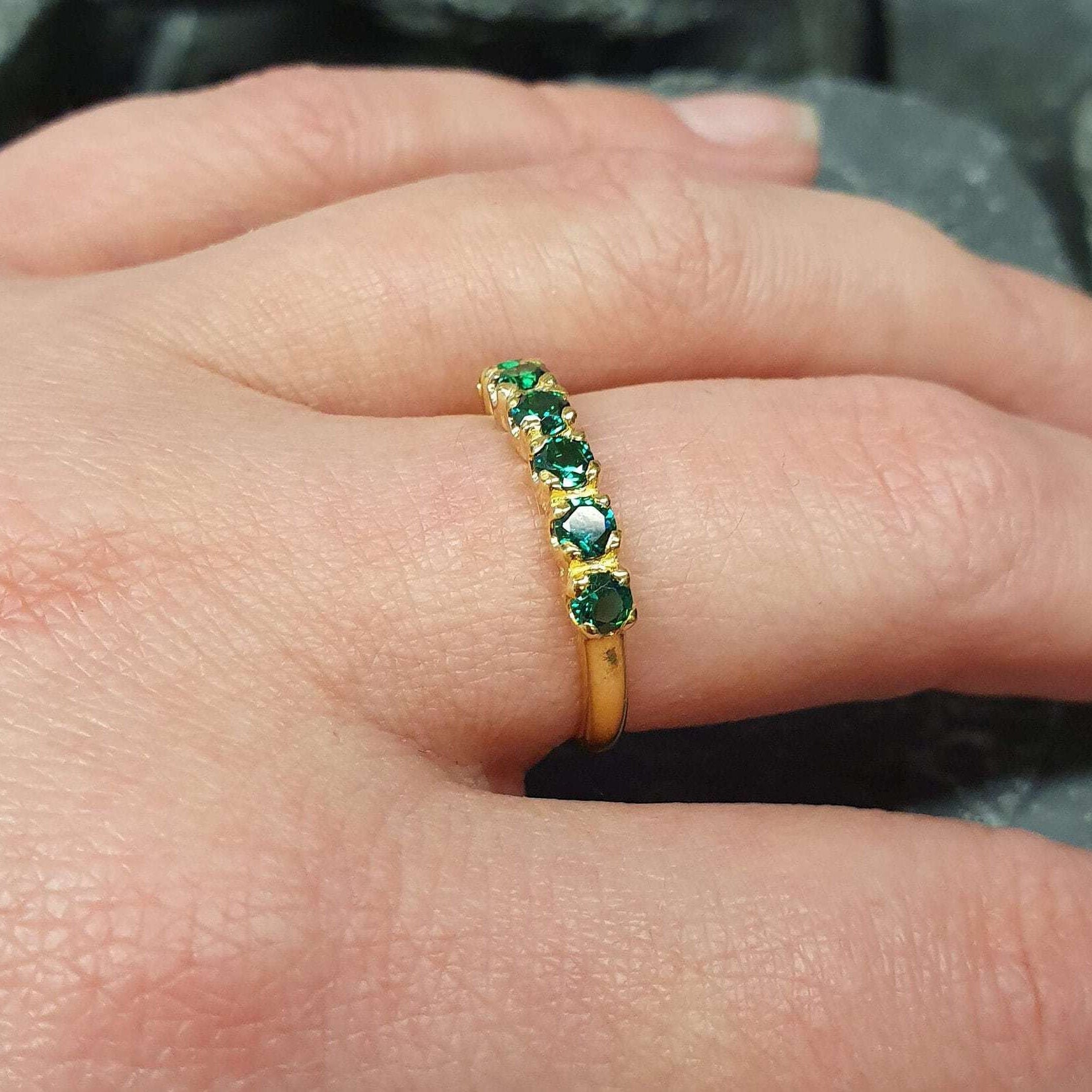 Half Eternity Ring, Gold Emerald Ring, Created Emerald Ring, Gold Eternity Ring, Green Diamond Ring, Gold Vinatge Band, Gold Stackable Band