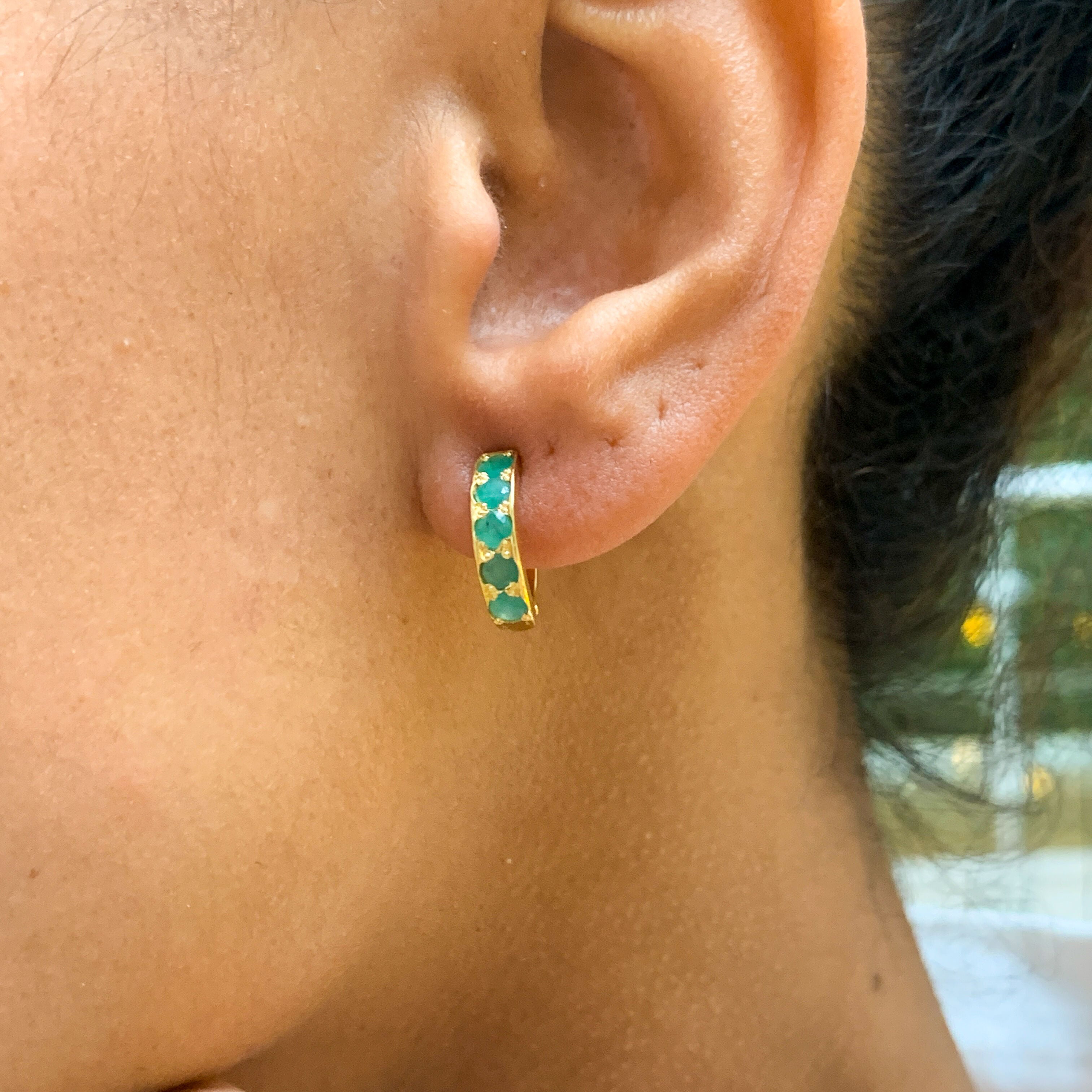 Emerald Earrings, Natural Emerald Huggies, Dainty Huggies, Emerald Studs, May Birthstone, Green Half Hoops, Hoop Studs, 925 Silver Earrings(1)