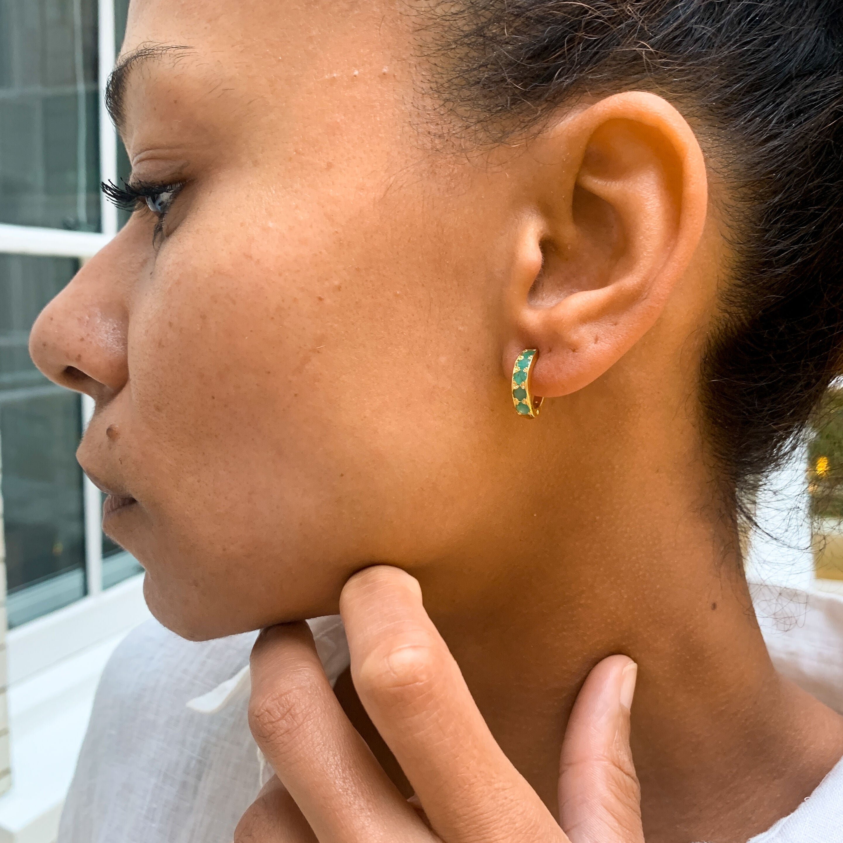 Emerald Earrings, Natural Emerald Huggies, Dainty Huggies, Emerald Studs, May Birthstone, Green Half Hoops, Hoop Studs, 925 Silver Earrings(1)