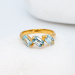 Blue Topaz Trilogy Ring, Slanted Baguette Ring, Gold Blue Topaz Ring