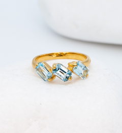 Blue Topaz Trilogy Ring, Slanted Baguette Ring, Gold Blue Topaz Ring