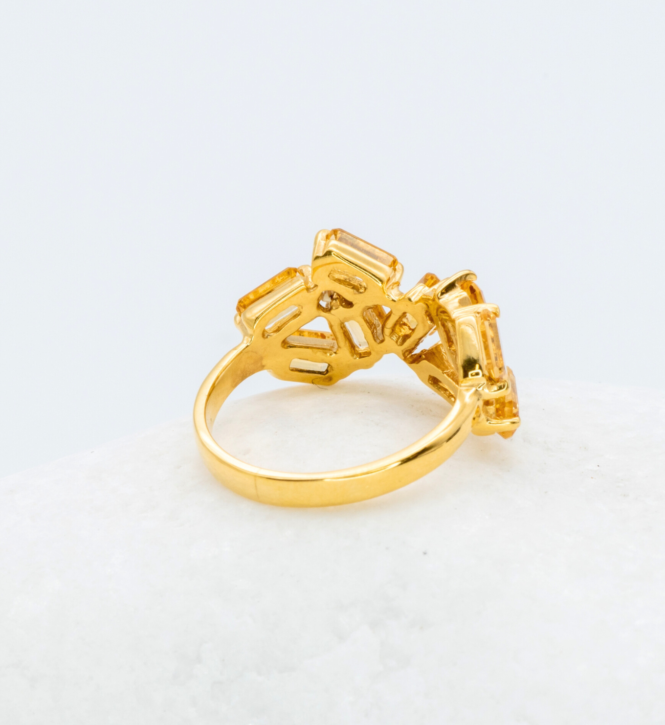 Yellow gold plated ring with natural Citrine November birthstone in baguette cut and prong setting. Yellow Gemstone ring ideal for special occasions and even for everyday wear. Citrine baguette ring for joy, abundance, confidence.