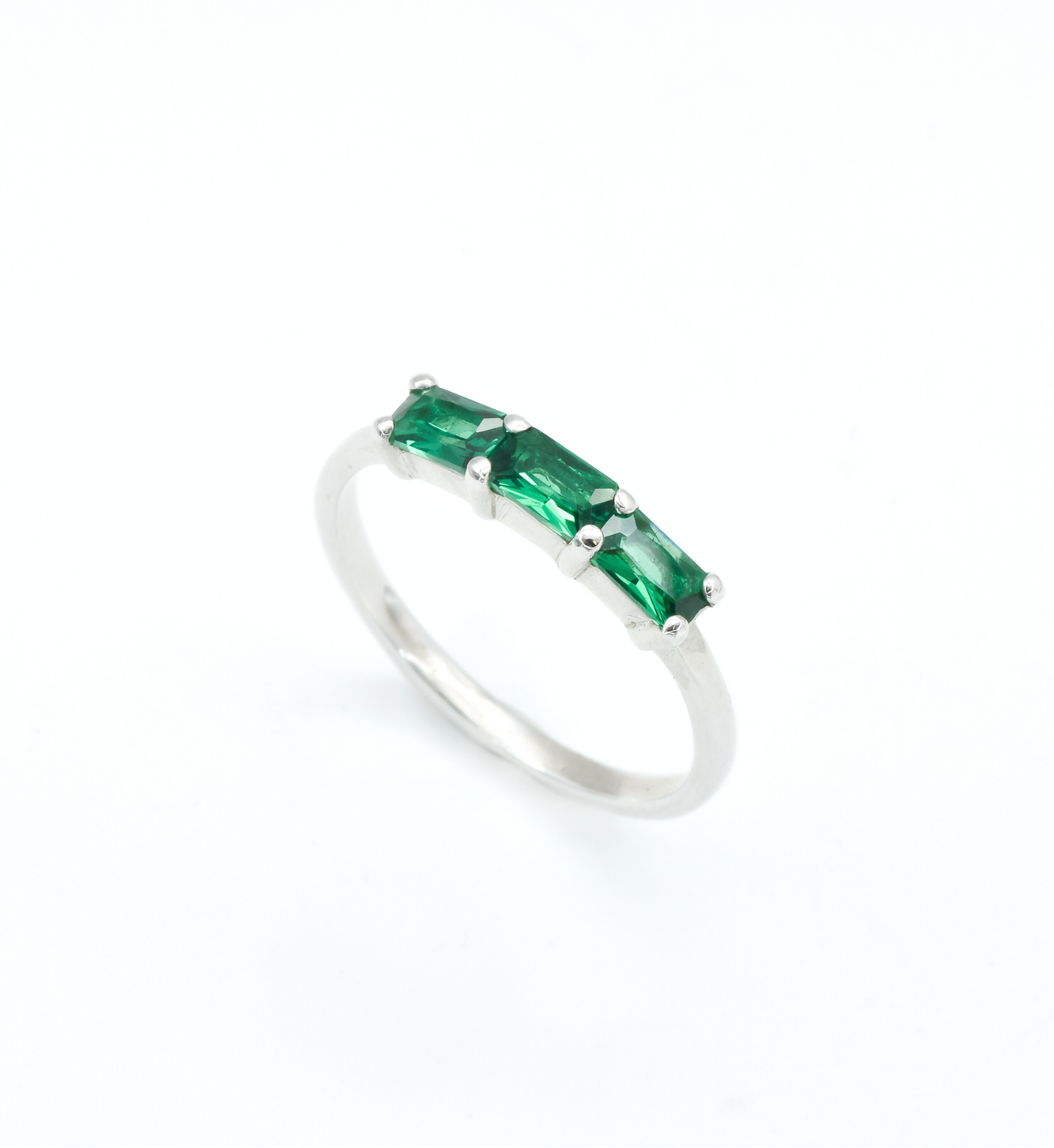 Baguette Emerald Ring set in Solid 925 Sterling Silver, three-stone dainty baguette ring