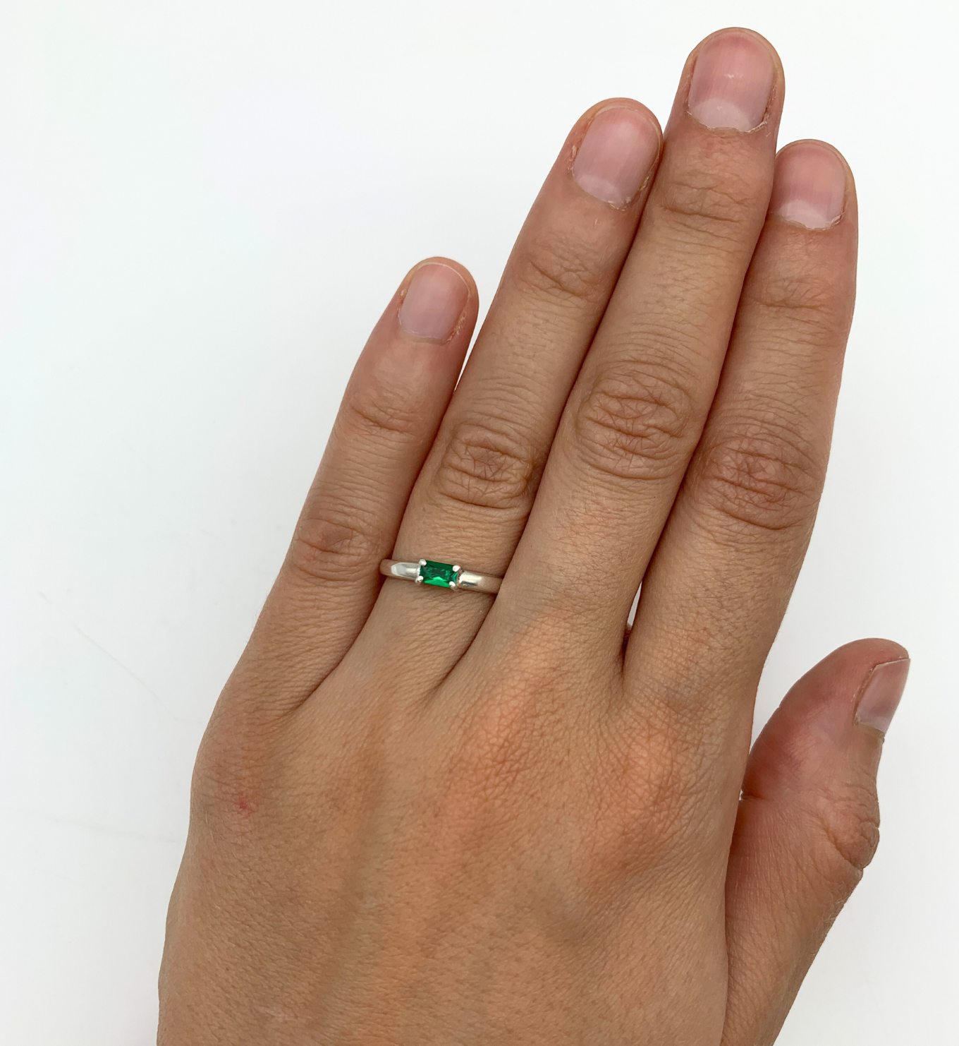 Baguette Emerald Ring, Dainty Emerald Band, May Birthstone Ring worn by model