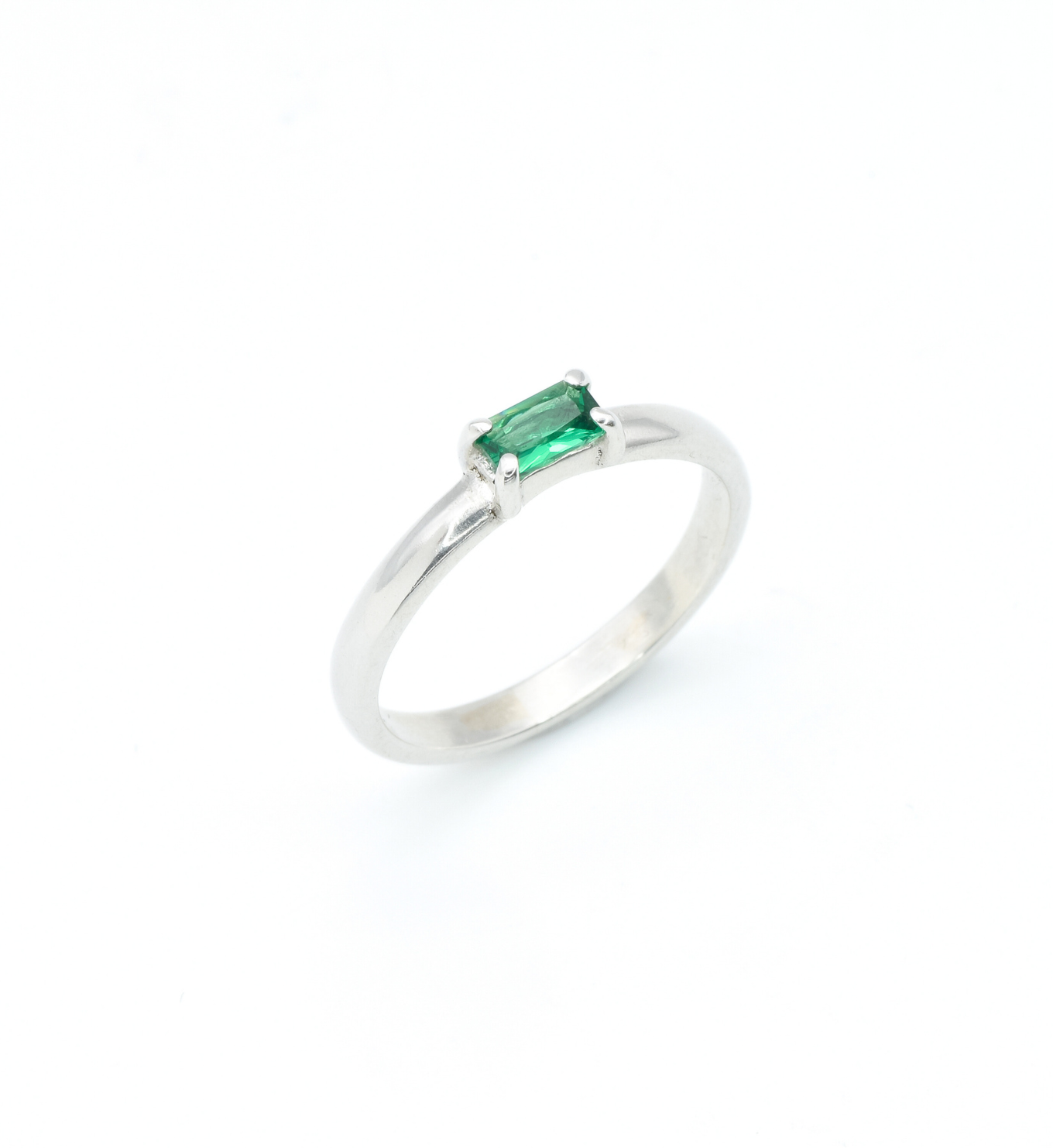 Baguette Emerald Ring, Dainty Emerald Band, May Birthstone Ring Angled View