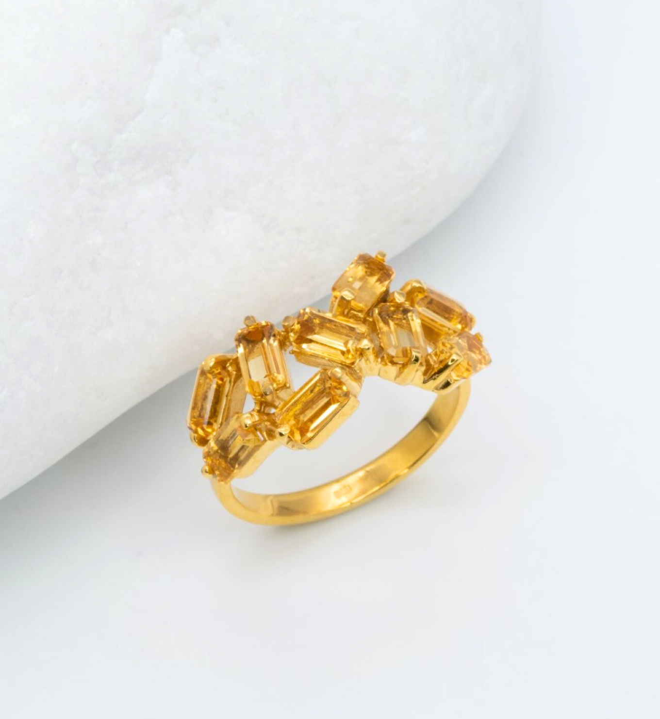 Yellow gold plated ring with natural Citrine November birthstone in baguette cut and prong setting. Yellow Gemstone ring ideal for special occasions and even for everyday wear. Citrine baguette ring for joy, abundance, confidence.