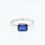 Baguette Sapphire Ring, Blue Solitaire Ring, Horizontal Sapphire Ring front view
