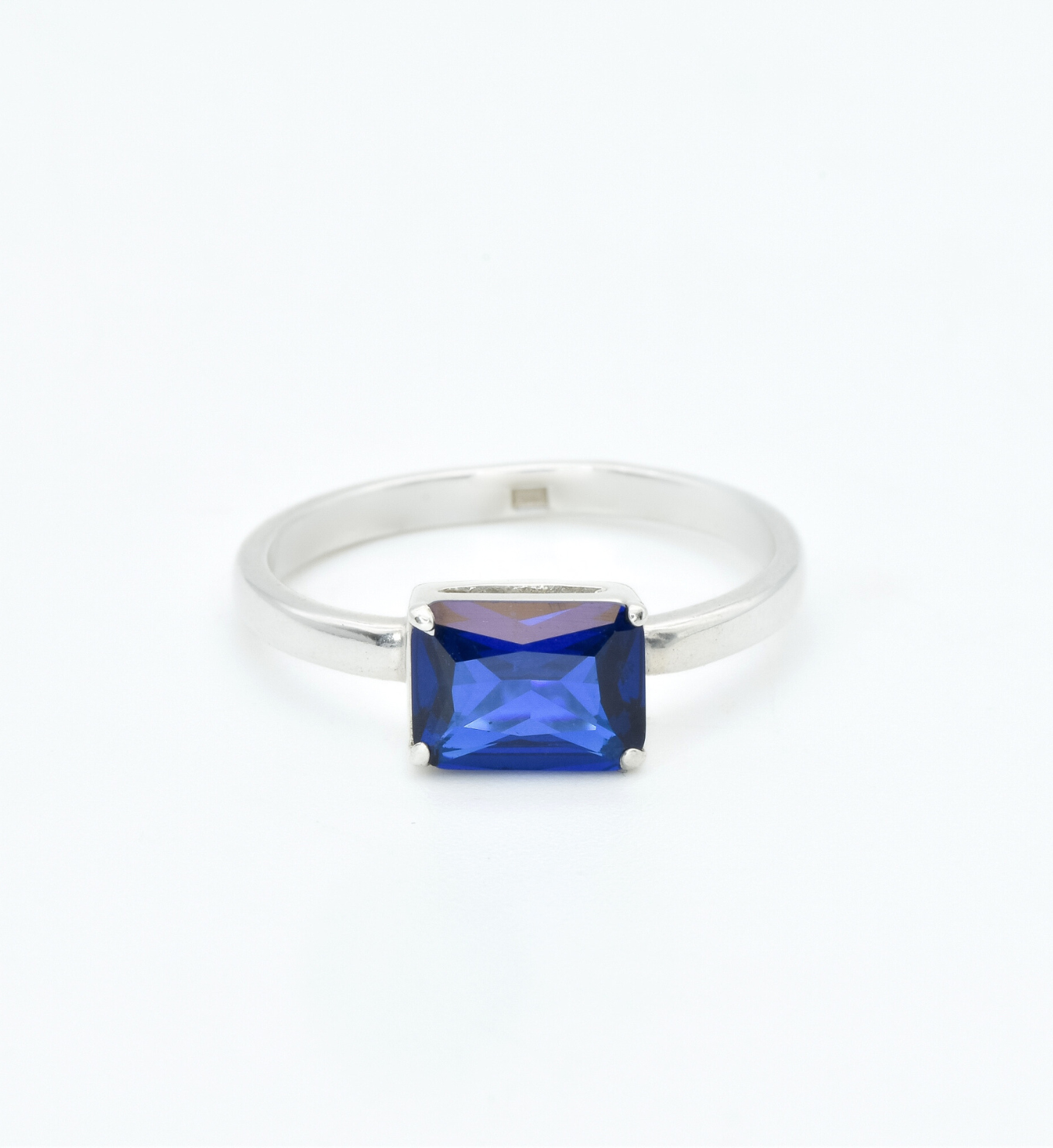 Baguette Sapphire Ring, Blue Solitaire Ring, Horizontal Sapphire Ring front view