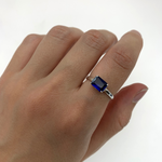 Baguette Sapphire Ring, Blue Solitaire Ring, Horizontal Sapphire Ring worn on index finger