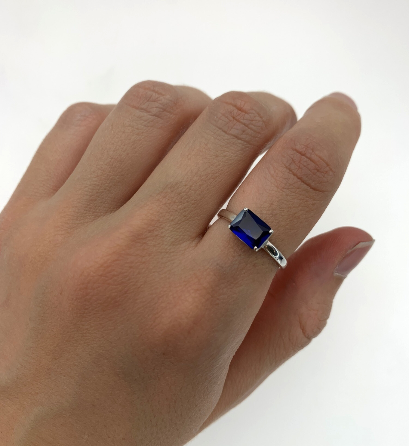 Baguette Sapphire Ring, Blue Solitaire Ring, Horizontal Sapphire Ring worn on index finger
