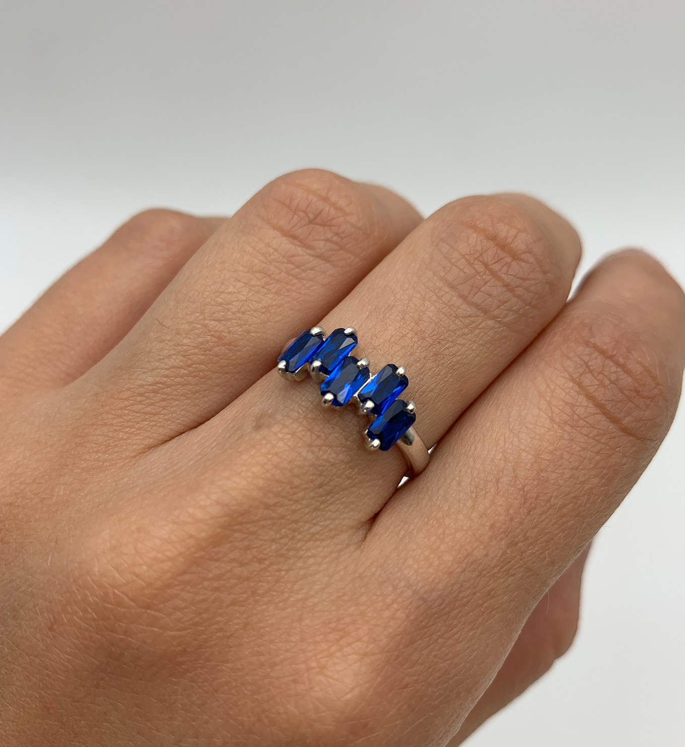 Baguette Sapphire Ring, Blue Sapphire Band, September Birthstone Ring worn on middle finger