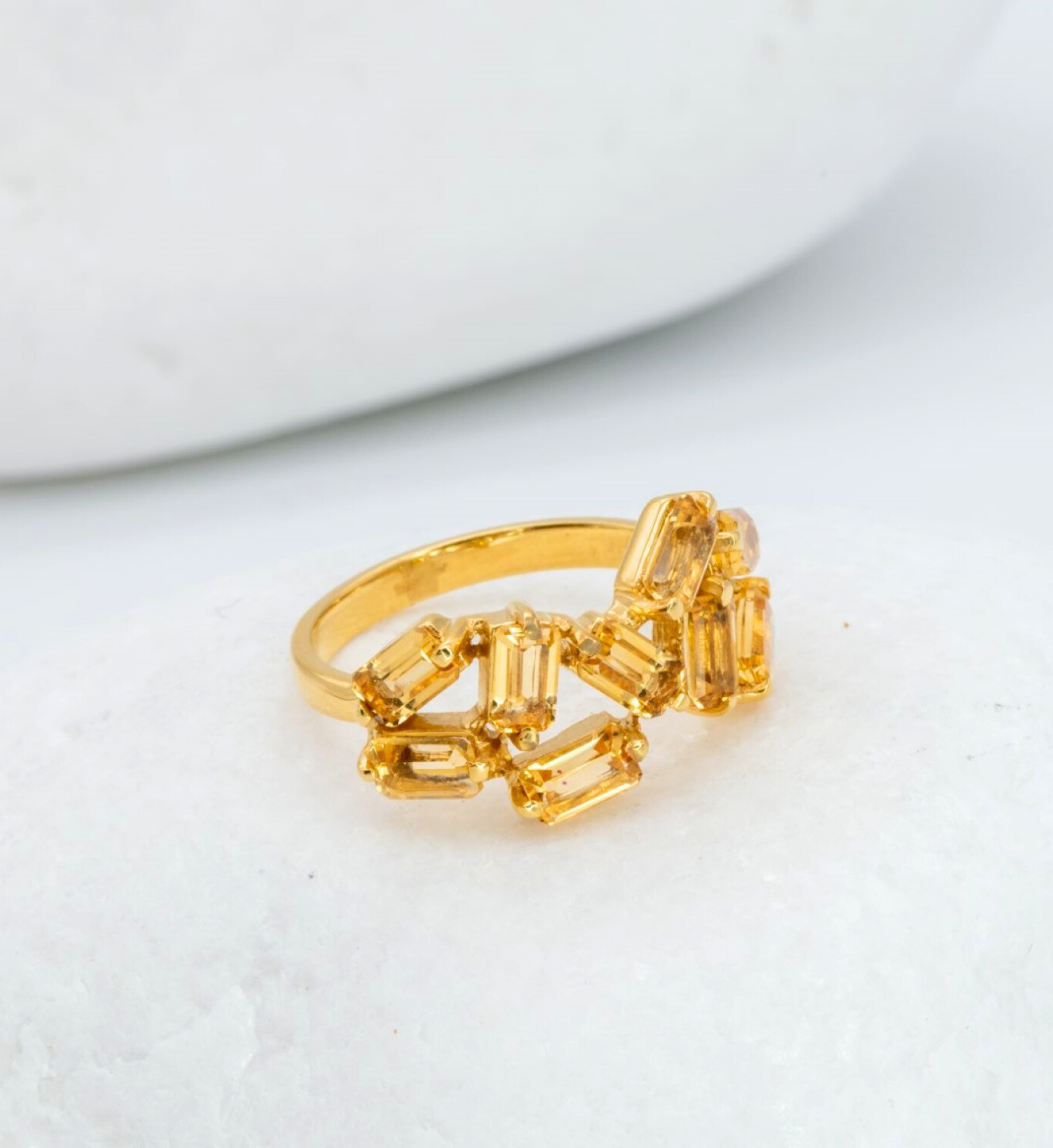 18k Yellow gold plated ring with natural Citrine November birthstone in baguette cut and prong setting. Multi stone ring ideal for special occasions and even for everyday wear. Citrine baguette ring for joy, abundance, confidence.