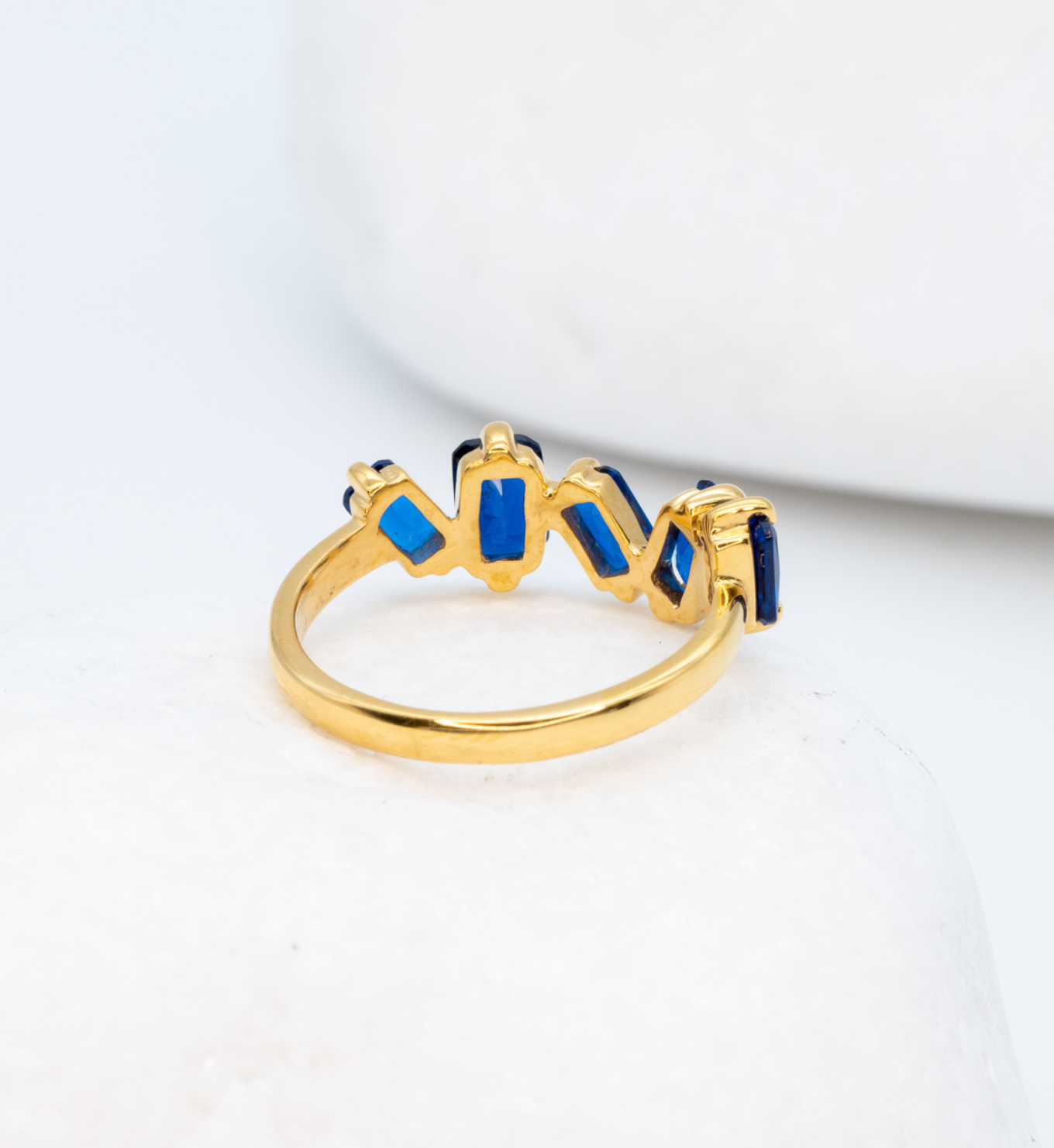 Created Sapphire Ring in Baguette Cut, set in 18k Gold Plating over Solid Sterling Silver