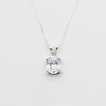 Diamond Solitaire Necklace set in solid 925 sterling silver, April birthstone in an oval cut, and prong setting. Diamond pendant ideal for casual and formal occasions. CZ Diamond symbolizes eternal love, purity, and inner strength. For strength, clarity, abundance