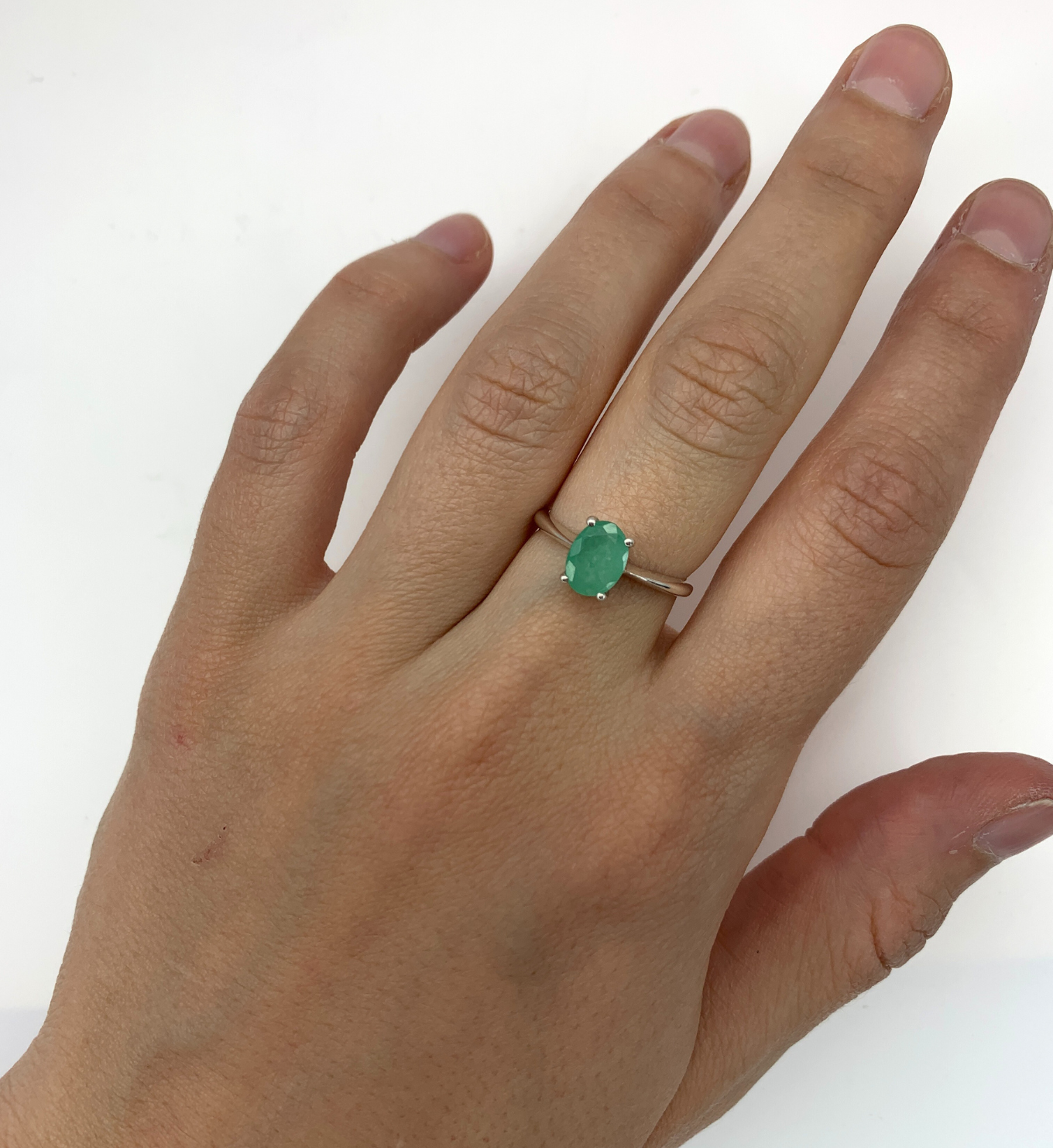 Emerald Solitaire Ring, Silver Emerald Ring, May Birthstone Ring worn on middle finger