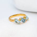 Handcrafted Blue Topaz Trilogy Ring, Slanted Baguette Ring, Gold Blue Topaz Ring