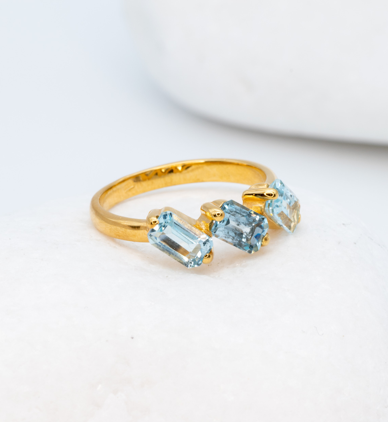 Handcrafted Blue Topaz Trilogy Ring, Slanted Baguette Ring, Gold Blue Topaz Ring
