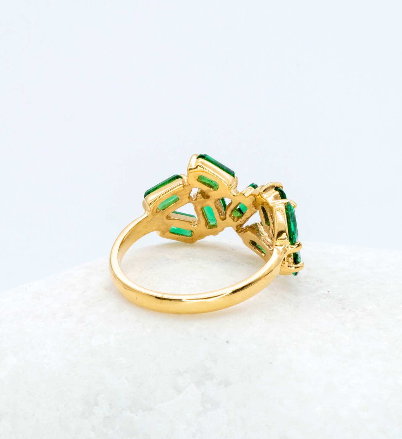 Gold Emerald Ring in Baguette Cut Staggered Design, Green Emerald Statement Ring Gift For Her