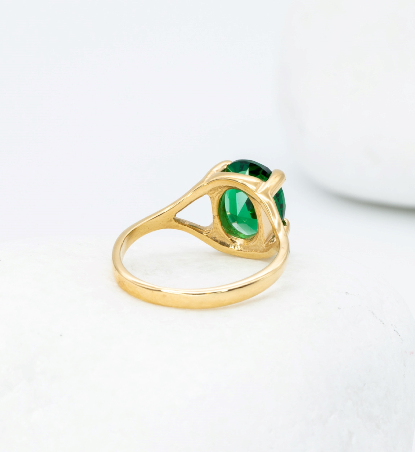 Gold Emerald Ring, Green Solitaire Ring, Oval Emerald Ring Back View