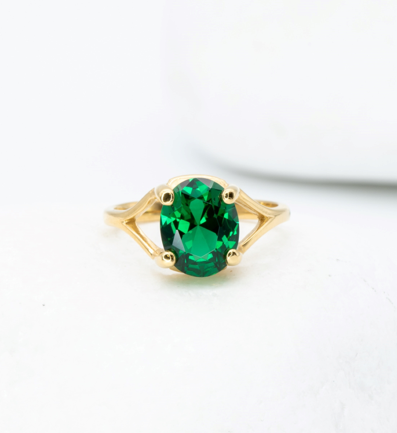 Gold Emerald Ring, Green Solitaire Ring, Oval Emerald Ring Front View
