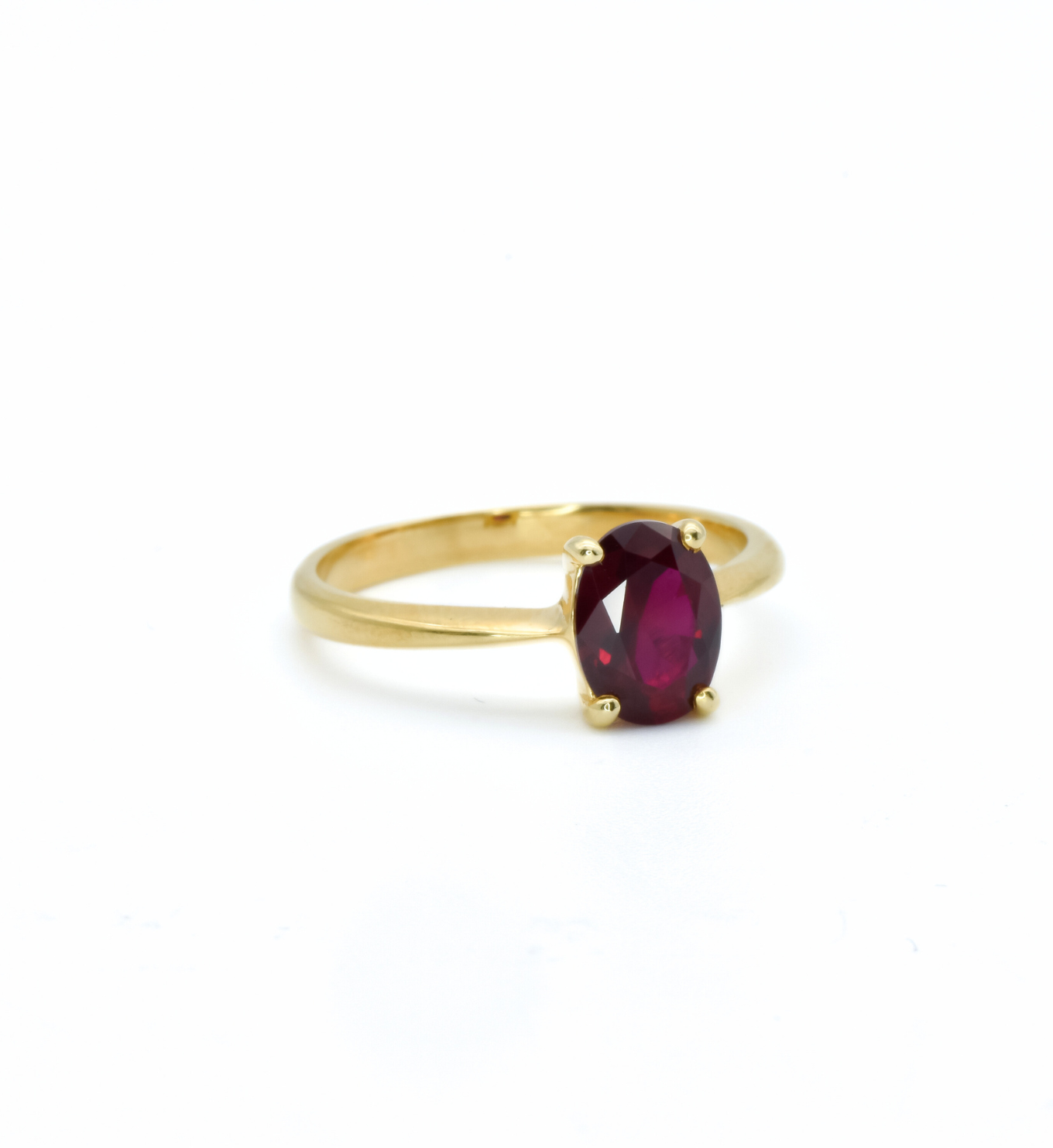 Gold Ruby Ring, Red Oval Band, Solitaire July Birthstone in side setting