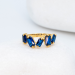 Gold Sapphire Ring in Baguette Cut, set in 18k Gold Plating over Solid Sterling Silver
