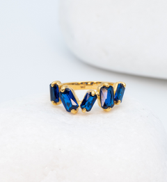 Gold Sapphire Ring in Baguette Cut, set in 18k Gold Plating over Solid Sterling Silver