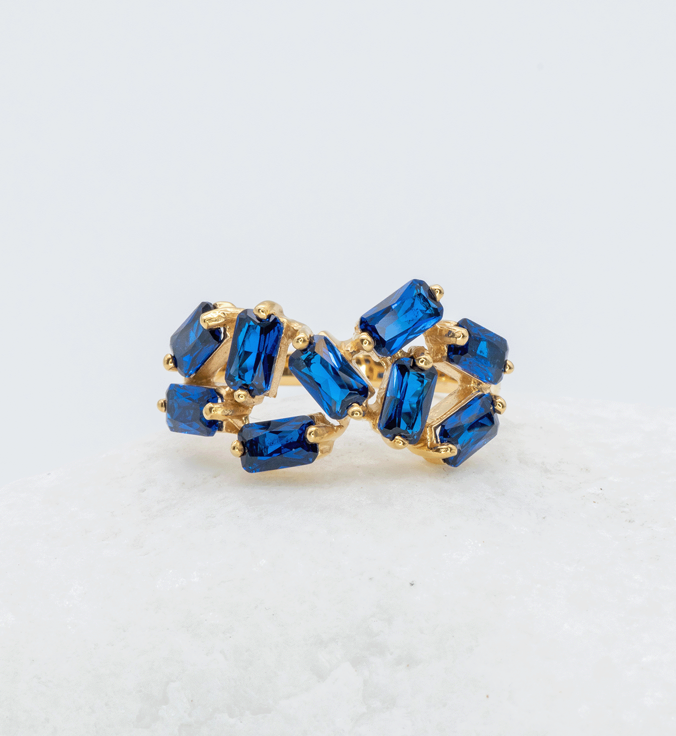 Gold Sapphire Ring, Blue Baguette Ring, September Birthstone Ring Front View