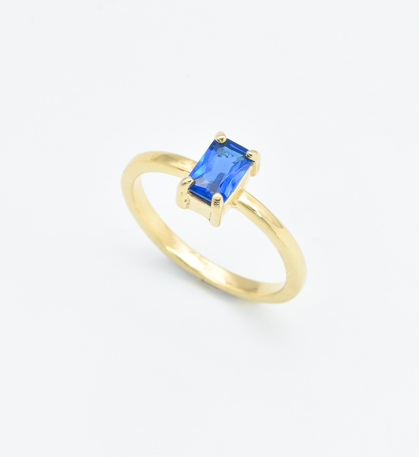 Gold Sapphire Ring, in baguette cut, solitaire blue ring gift in gold vermeil