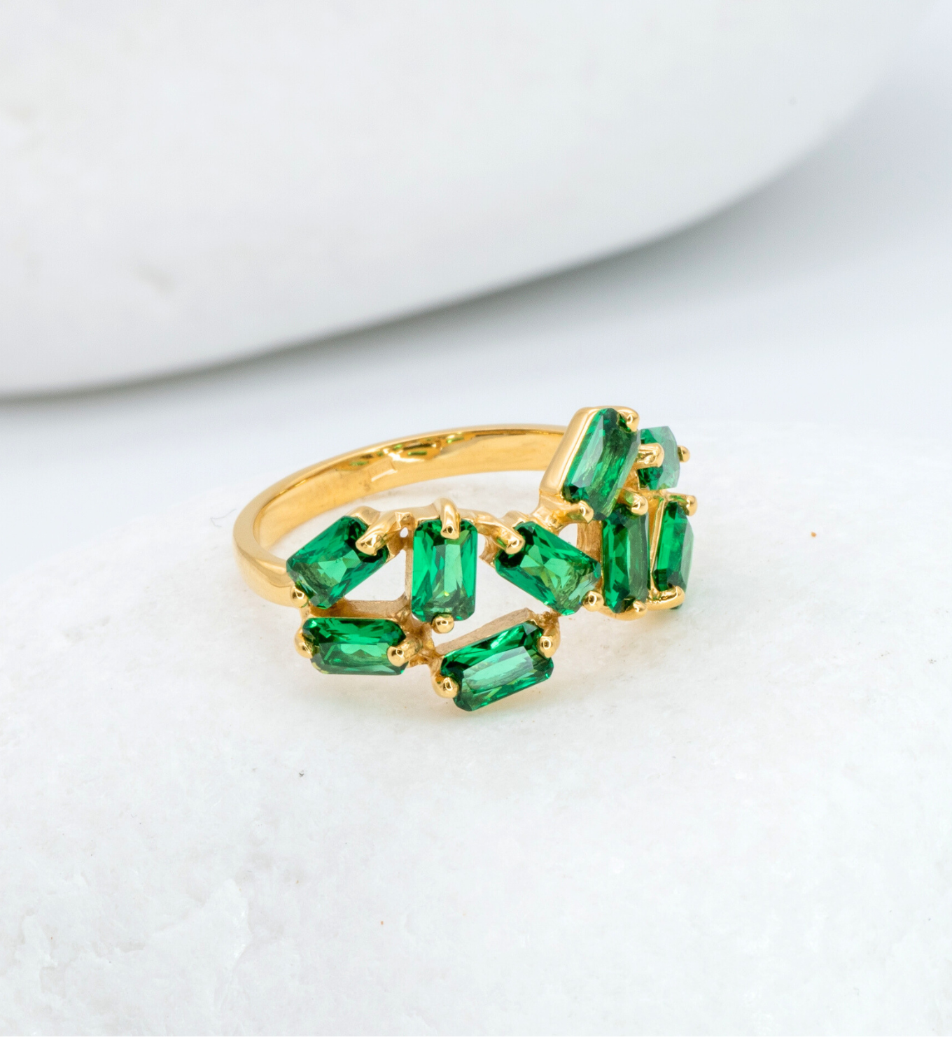 Emerald Baguette Ring set in 18k Gold Vermeil over Solid 925 Sterling Silver, Green Emerald Statement Ring For Her