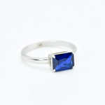 Baguette Sapphire Ring, Blue Solitaire Ring, Horizontal Sapphire Ring in side setting