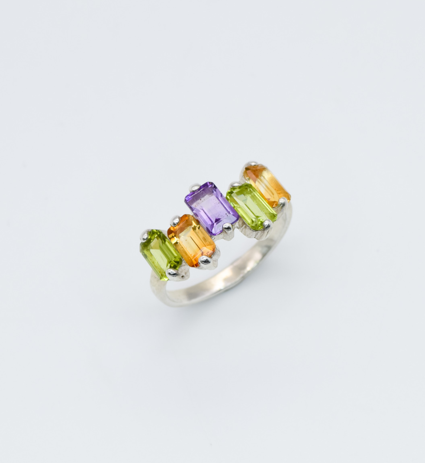 Colorful Baguette Ring, Multi Stone Ring, Silver Baguette Band