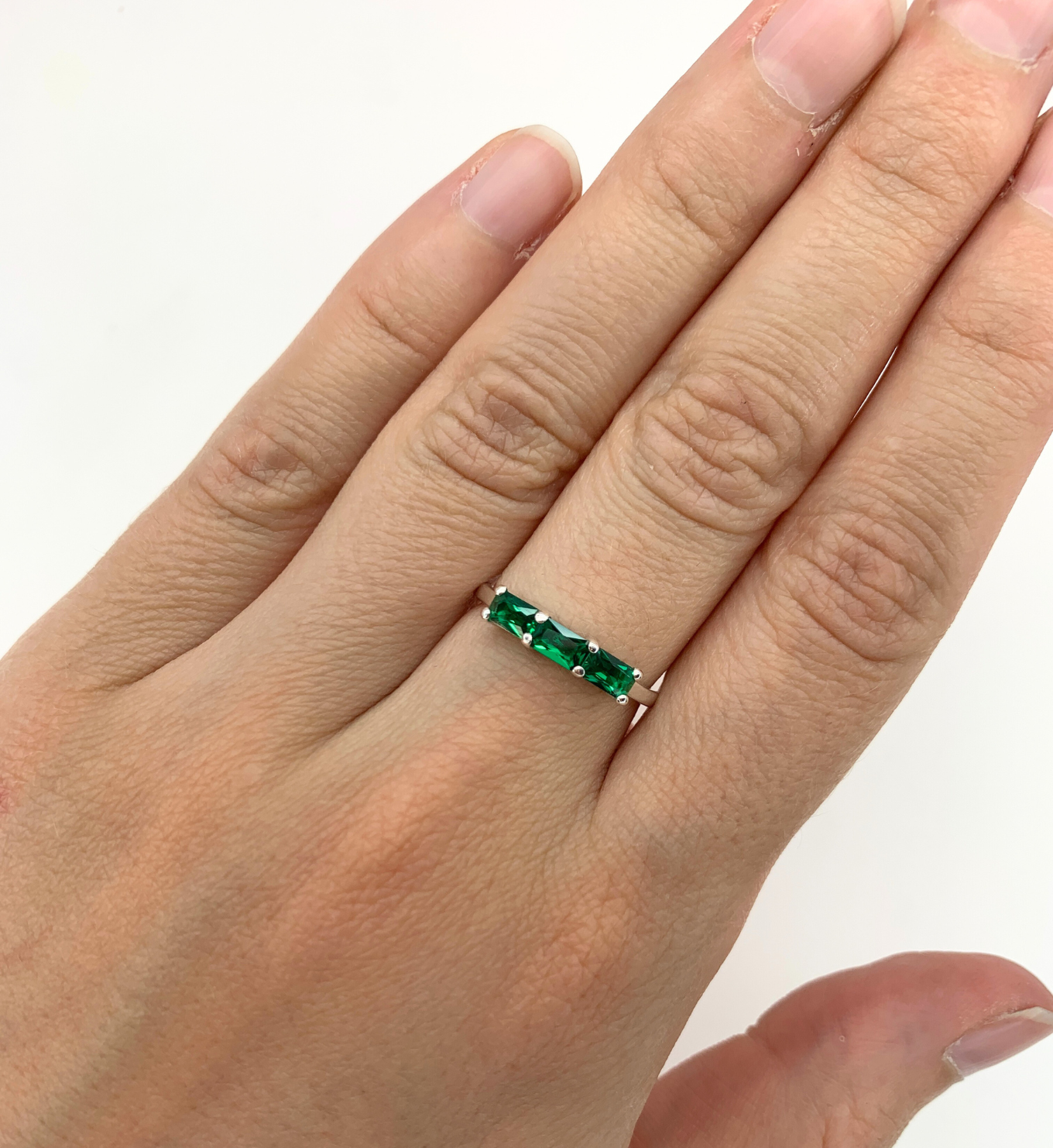 Handcrafted Dainty Emerald Baguette Ring, May Birthstone Gift Idea