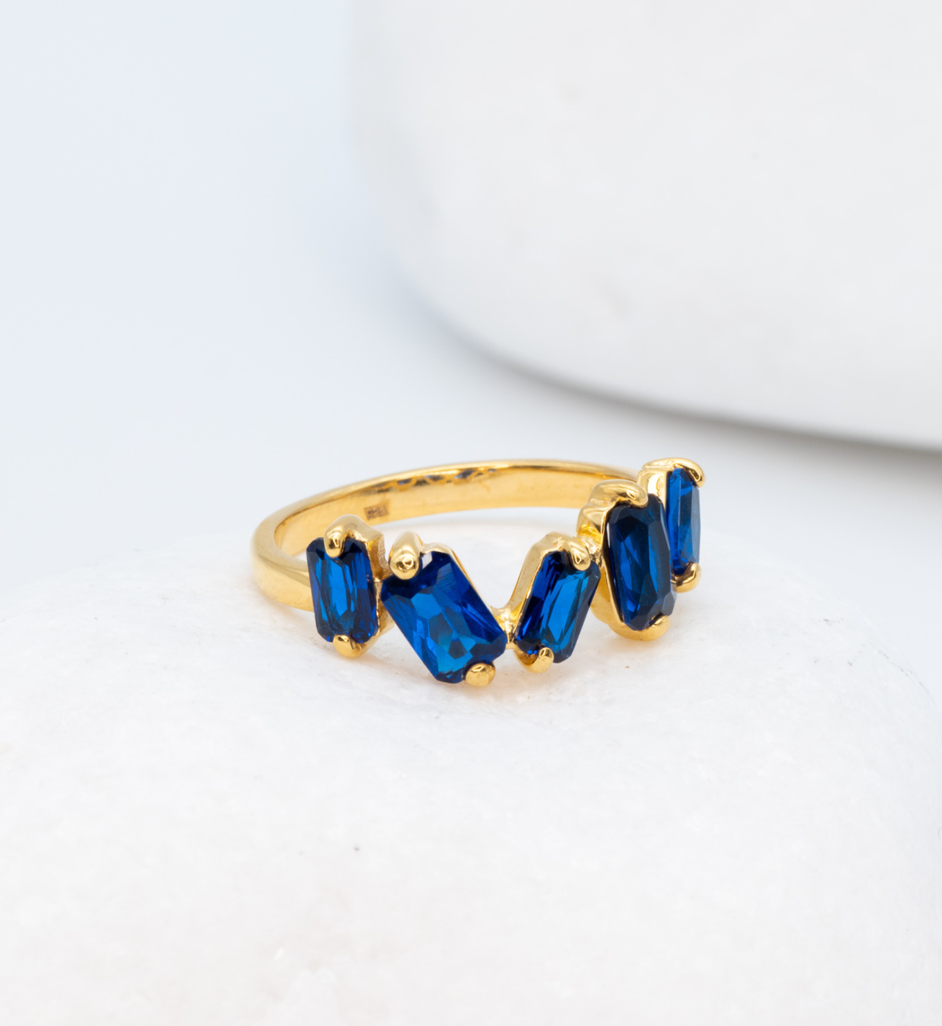 Handcrafted Gold Sapphire Ring in Baguette Cut, set in 18k Gold Plating over Solid Sterling Silver